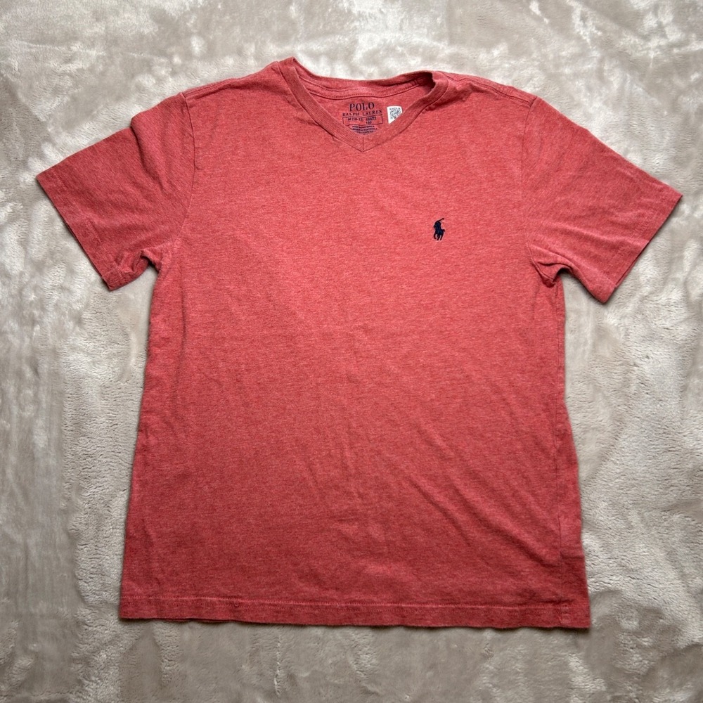 Polo Ralph Lauren Red V-Neck T-Shirt Youth M (10-12) Blue Pony Logo Preppy